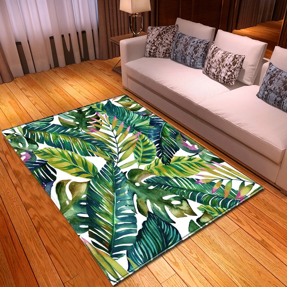 Rainforest Home Decor Carpets Flannel Anti-slip Bedroom Bedside Rug Dining Room Area Rug 3D Palms Leaves Living Room Carpet