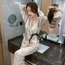 Pajamas Women Spring and Autumn Ice Silk Long-sleeved Cute Japanese Kimono Real Silk Two-piece Suit Thin Section Home Service