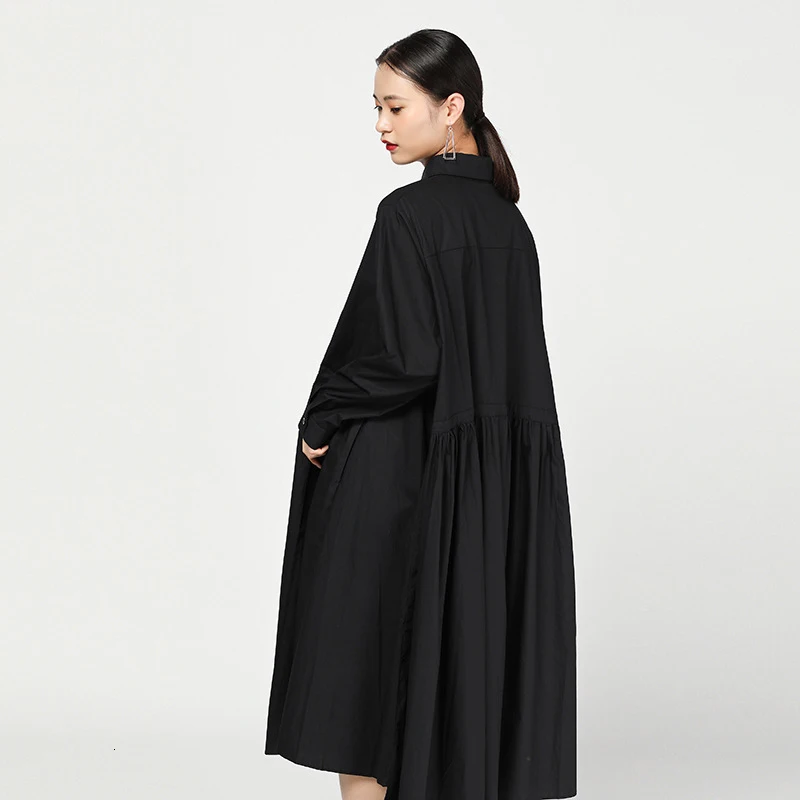 [EAM] женское черное плиссированное платье, новинка, отложной воротник, длинный рукав, большой размер, свободный крой, мода, весна-осень JY726