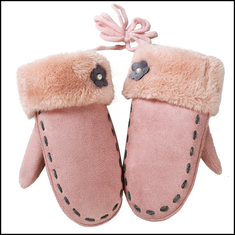 pink Зимние розовые детские перчатки с героями мультфильмов, толстые меховые варежки, кожаные Детские Термо кашемировые перчатки ручной работы, кашемировые теплые длинные перчатки - Цвет: pink
