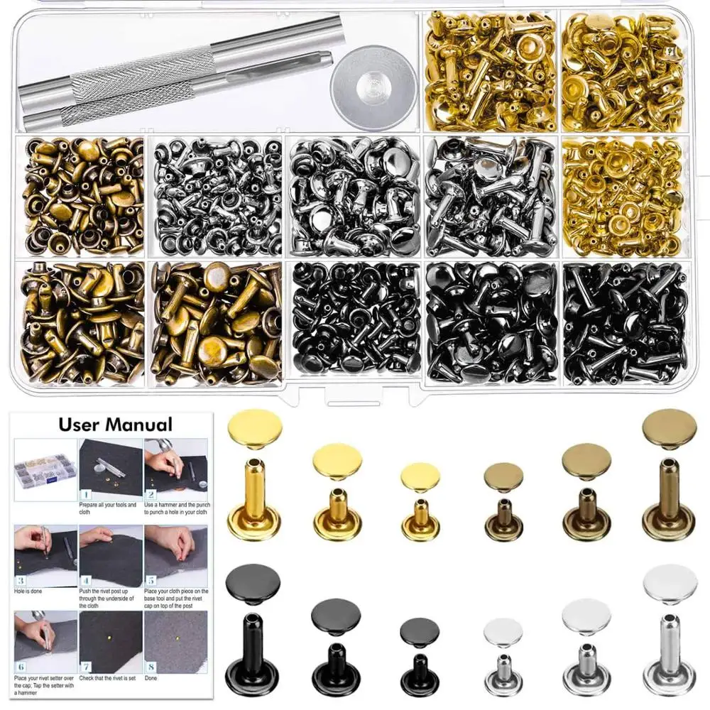 

Leather Rivets Kit,360 Sets Double Cap Brass Rivets Leather Studs with Setting Tools for Leather Repair & Crafts,4 Colors&3Sizes