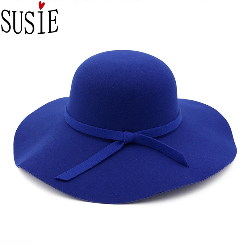 Фетровая шляпа для женщин, винтажный стиль, мягкая, с широкими полями, одноцветная лента, широкополая шляпа, элегантная шерстяная теплая фетровая шляпа