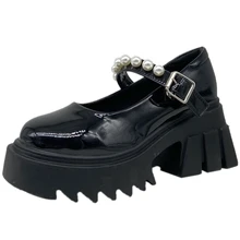 

Spring New Women's Thick Platform String Bead Mary Janes Pumps Buckle Strap Round Toe High Heel Shoes Solid Patent Leather Pumps