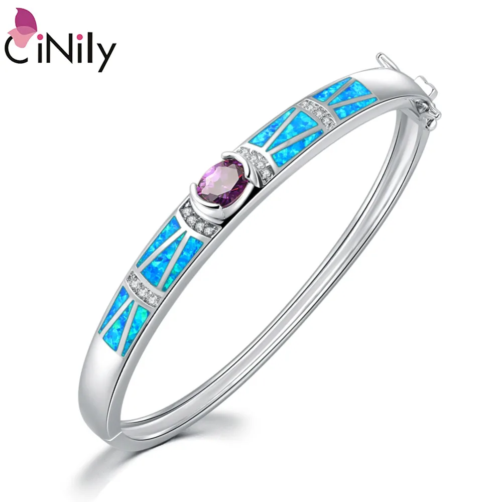 

CiNily Blue Fire Opal Filled Bangles Silver Plated Purple Oval Cubic Zirconia Crystal Stone Luxury Vintage Retro Jewelry Female