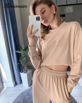 

Hirsionsan 2020 Cotton Sets Women Autumn Casual Two Pieces Korean Tops and Pants Outfits Solid Tracksuit Sweatpants Pullovers