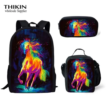 

ThiKin Colorful Crazy Horse Print Primary School Bags 3pcs/Set Book Bags for Teenage Girls Boys Kawaii Backpack Children Bag