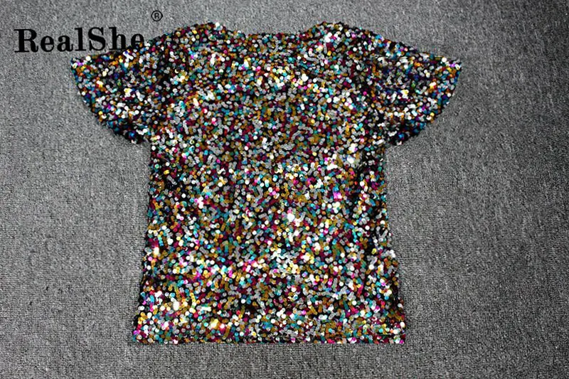 RealShe Tshirt Women O-Neck Short Sleeve Sequins T Shirt Women Summer Casual Elegant T-shirt Femme Fashion Women's T-shirts