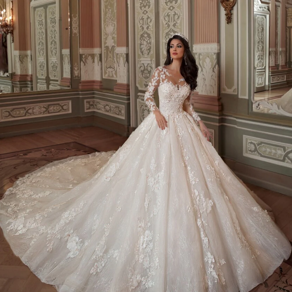 Великолепное бальное платье Свадебные платья Vestido De Casamento с длинным рукавом Часовня Поезд аппликации кружева цветы принцесса свадебное