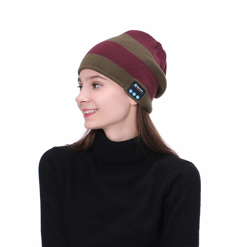 Wireless Bluetooth V4 2 Beanie Striped Knitted Winter Hat Headset Speaker Mic Hand Free Music Mp3 Speaker ic Smart Cap
