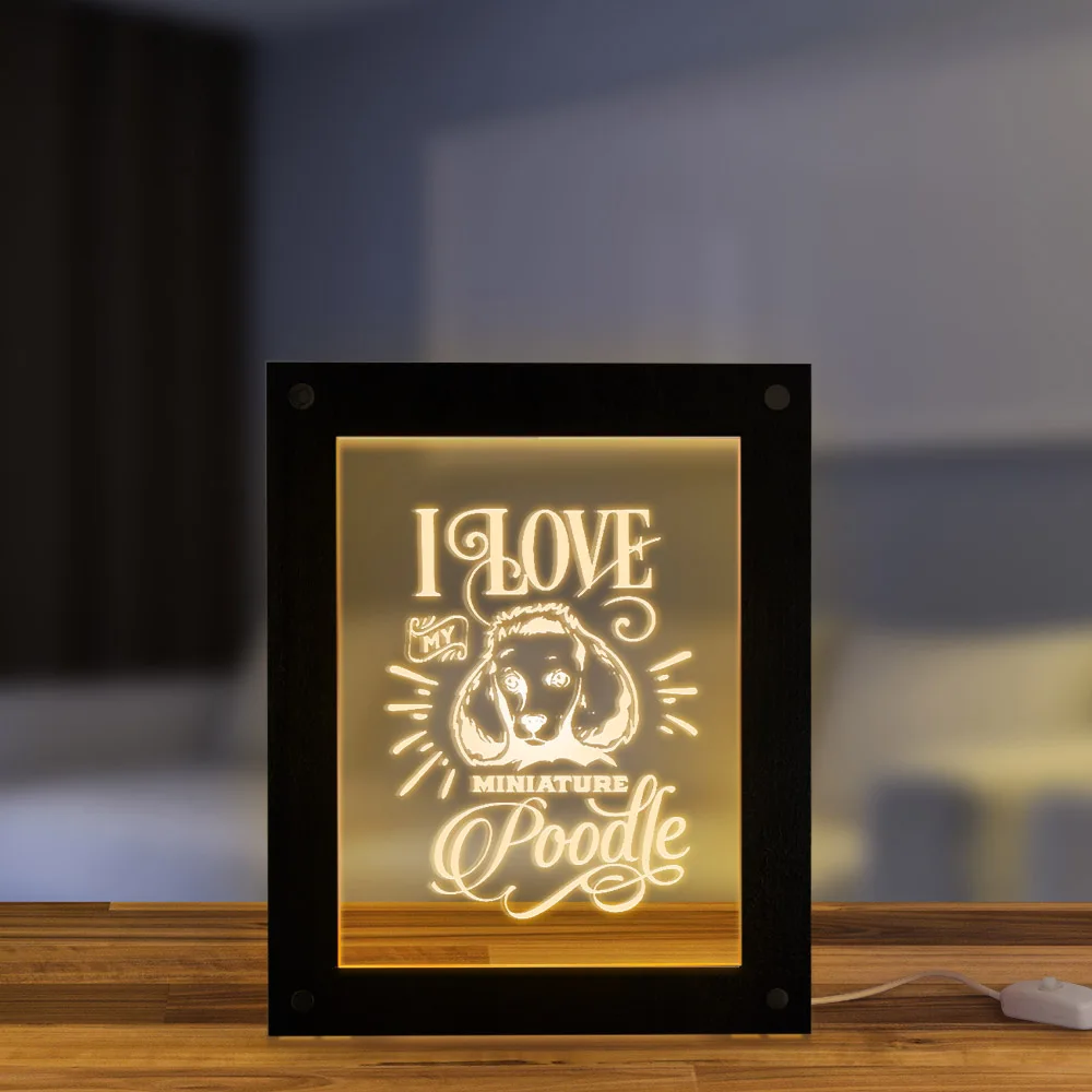 Best I Love My Miniature Poodle LED Acrylic Display Sign Poodle Portrait Decorative Lighting Photo Desktop Wood Frame Handmade Light