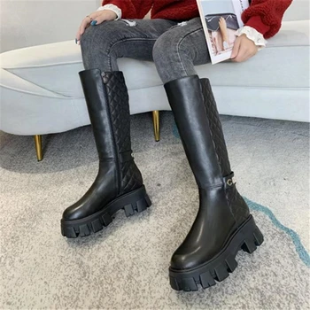 

Women Platform knee boots Zipper boots Grain shoes increased and slim cool Genuine Leather shoes Keep warm autumn winter shoes