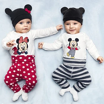 

Baby Rompers Long Sleeve Cotton Baby Girl Clothes Cartoon Animal Mickey Minnie Baby Boy Romper+Hat+Pant Newborn Clothing Sets