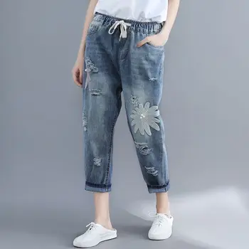 

Plus Size Jeans Women Elastic Waist Loose Casual Ankle-length Denim Pants New 2020 Fashion Floral Embroidery Harem Pants P711