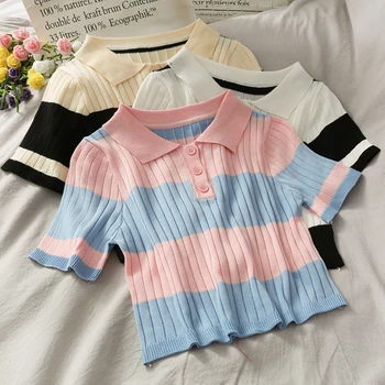

Striped Turn-down Collar Knit Crop Tops Girls Patchwork Short Sleeve Thin Knitwear T-shirts Tees For Women