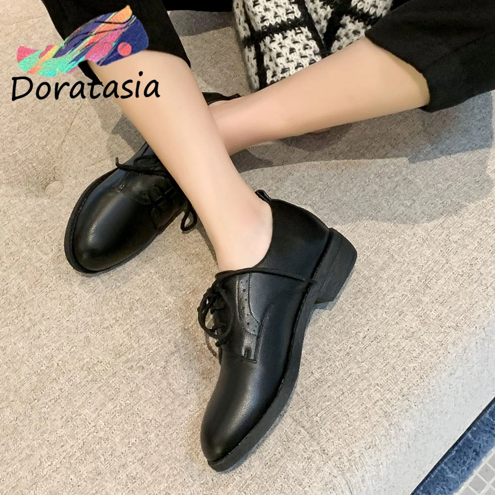 

DORATASIA Brand Fashion Girl Lace Up Round Toe Chunky Heel Black Flats Flats Women Office Consise Comfortable Shoes Woman