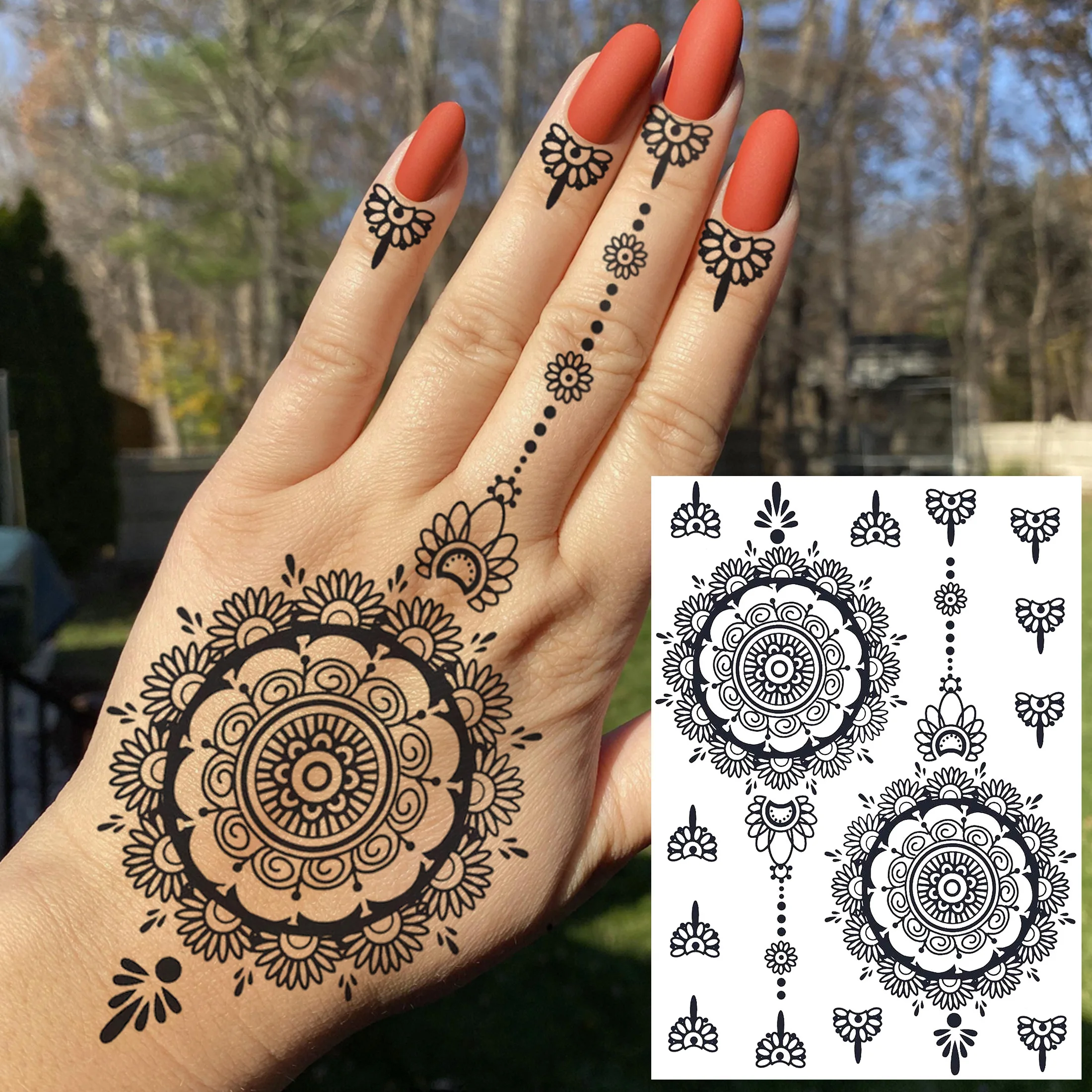 Tattoo sticker temporary tattoos REJASKI Black Henna Lace Temporary Tattoos Sticker For WOmen Butterfly Moth Mehndi Flower Fake Tatoo Sticker Feather Flora Tatoo