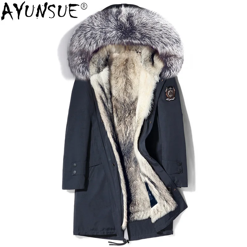 

AYUNSUE 2020 Warm Winter Jacket Men Clohing Real Wolf Fur Liner Parka 100% Silver Fox Fur Collar Clothes Hommes Veste LXR968