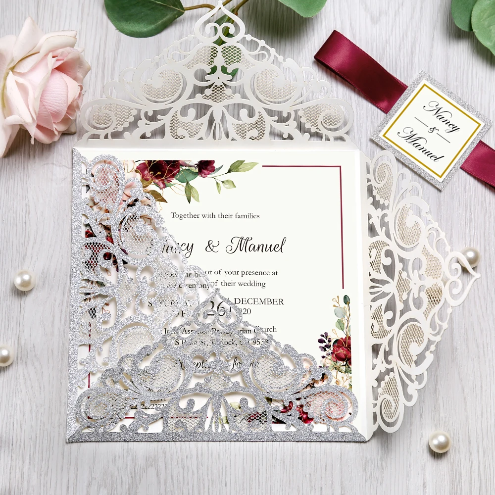  1pcs Burgundy Silver White Gold and Navy Blue Square Wedding Invitations with Gold Band - 4.00035E+12