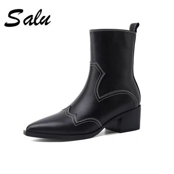

Salu 2020 fashion Winter Cow Leather Quality Women Shoes Square high Heel Ankle Boots Genuine leather Casual Ladies Size 34-40