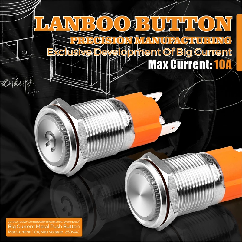 LANBOO Factory 16 мм высокий ток 10 А Высокая мощность 12 в 110 В 24 В 220 В светодиодный светильник с фиксацией мгновенный самоблокирующийся кнопочный переключатель