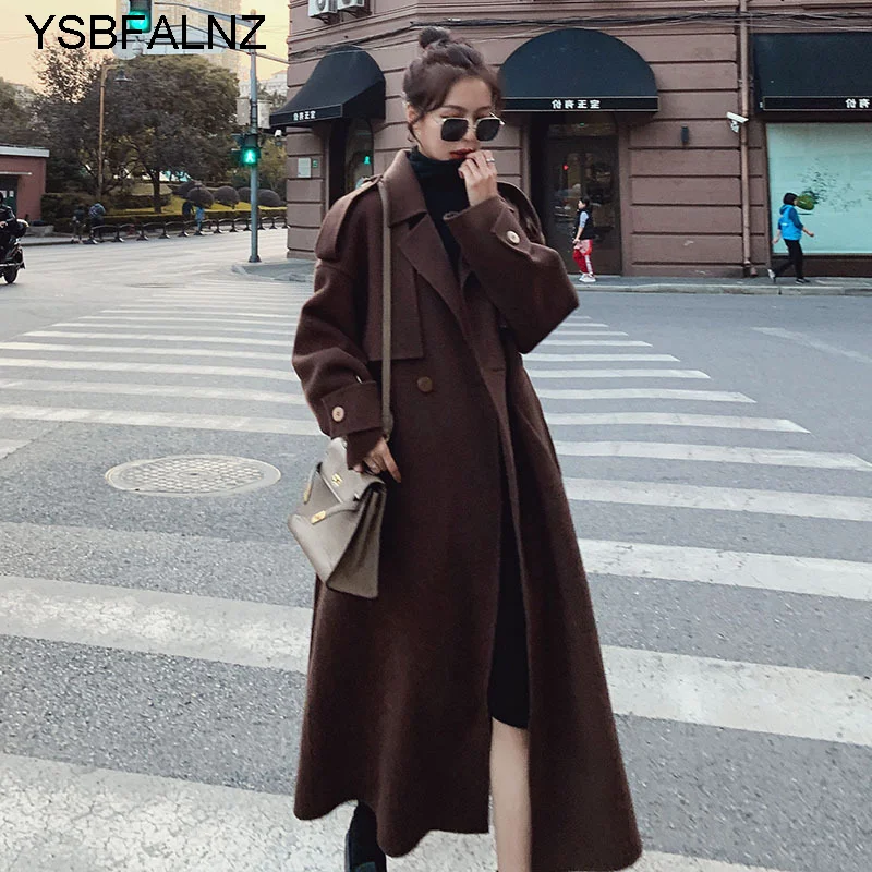 

Femmes Manteaux 2023 Woolen Jacket Autumn Fashion Women Coat Full Sleeve Lapel High Street Loose Solid Elegant Wild Long Sashes