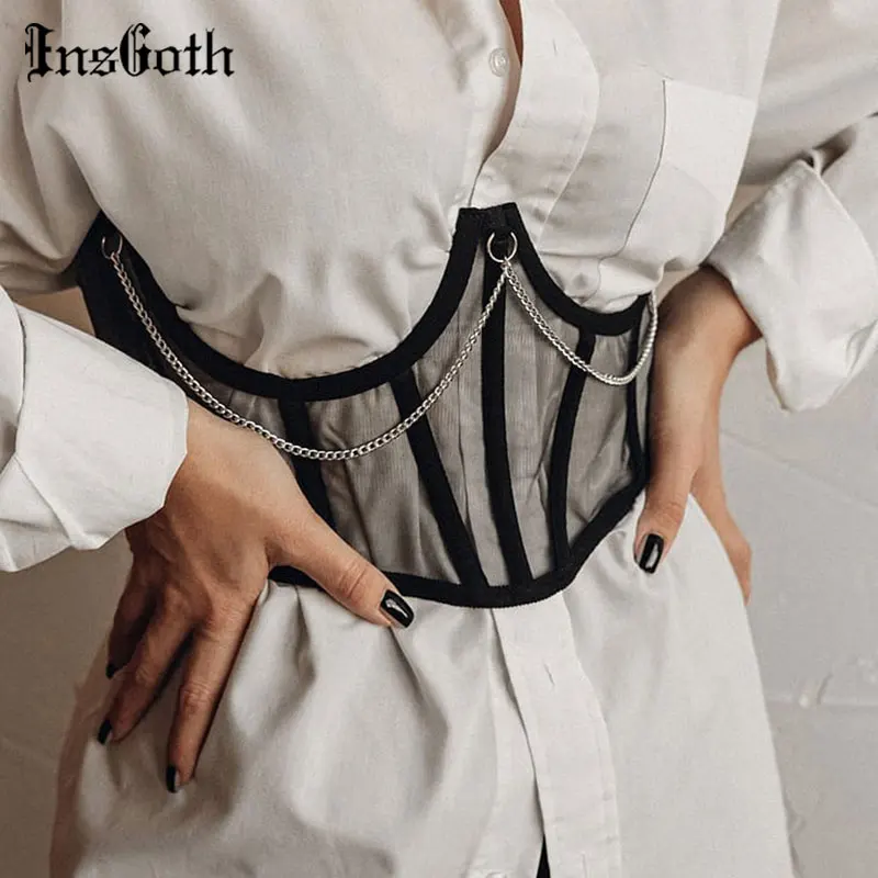 InsGoth Punk Metal Chain Black Corset Mall Goth High Waist Corsets Harajuku Vintage Mesh See Through Shaper Women | Аксессуары для