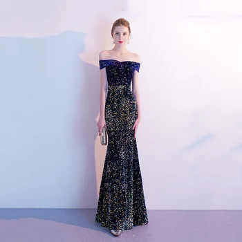 

Sexy Off Shoulder Sheath Mermaid Evening Party Gown Lady Qipao Luxury Super Bling Multicolor Sequins Robe De Soiree Maxi Dress