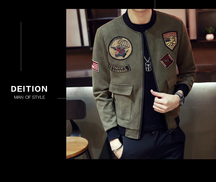 Осенняя одежда стиль Slim Fit замша Мужская куртка тренд Молодежная вышивка стоячий воротник куртка пальто Мужская
