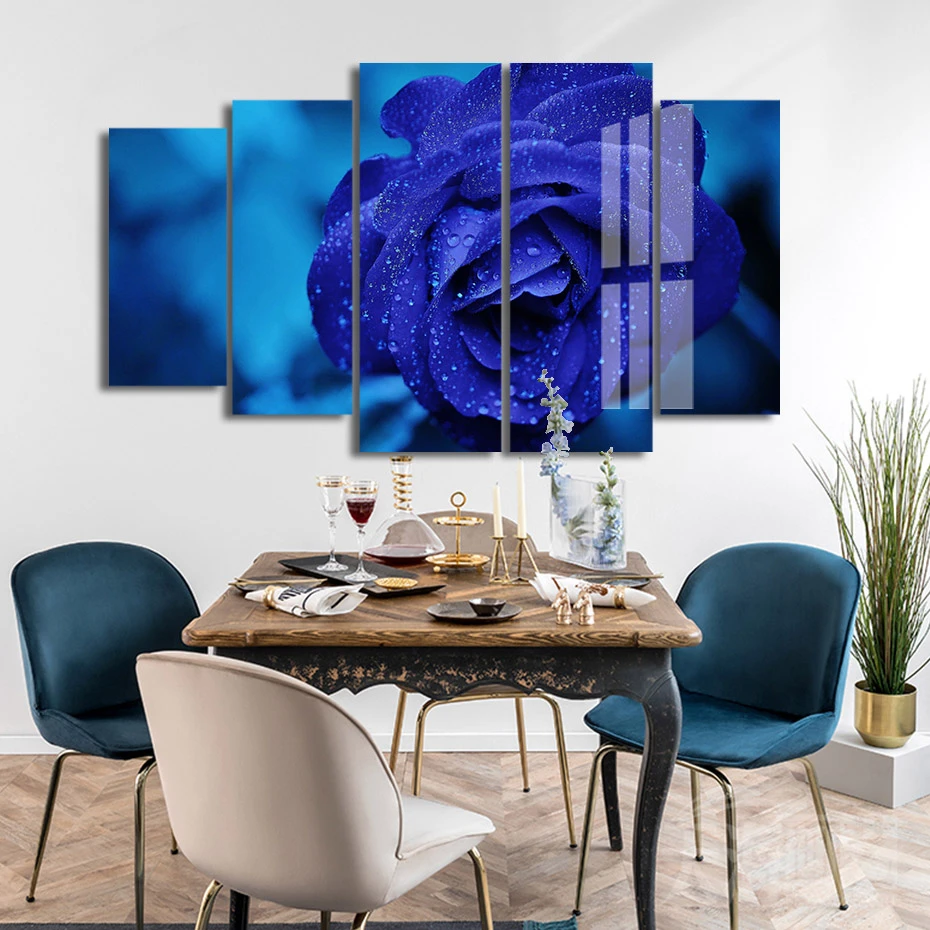 

Blue Rose 5 Panels Floral Canvas Paintings Wall Art Pictures Prints and Poster for Living Room Kitchen Home Decor