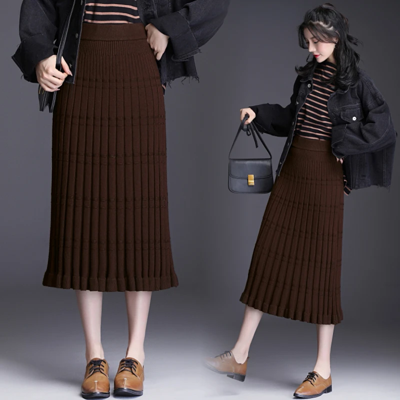 Осенне-зимняя вязаная миди плиссированная юбка женская модная эластичная юбка с высокой талией трапециевидная юбка с оборками Расклешенная юбка однотонная длинная