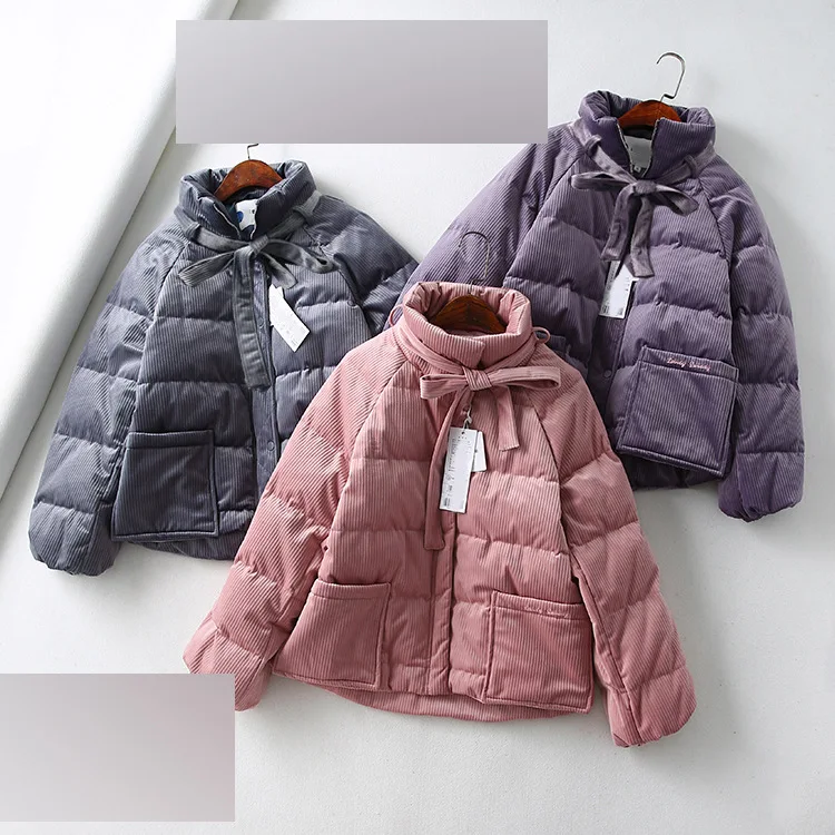 117fn New Style Stand Collar Long Sleeve Corduroy down Coat Thick Warm down Jacket Women's