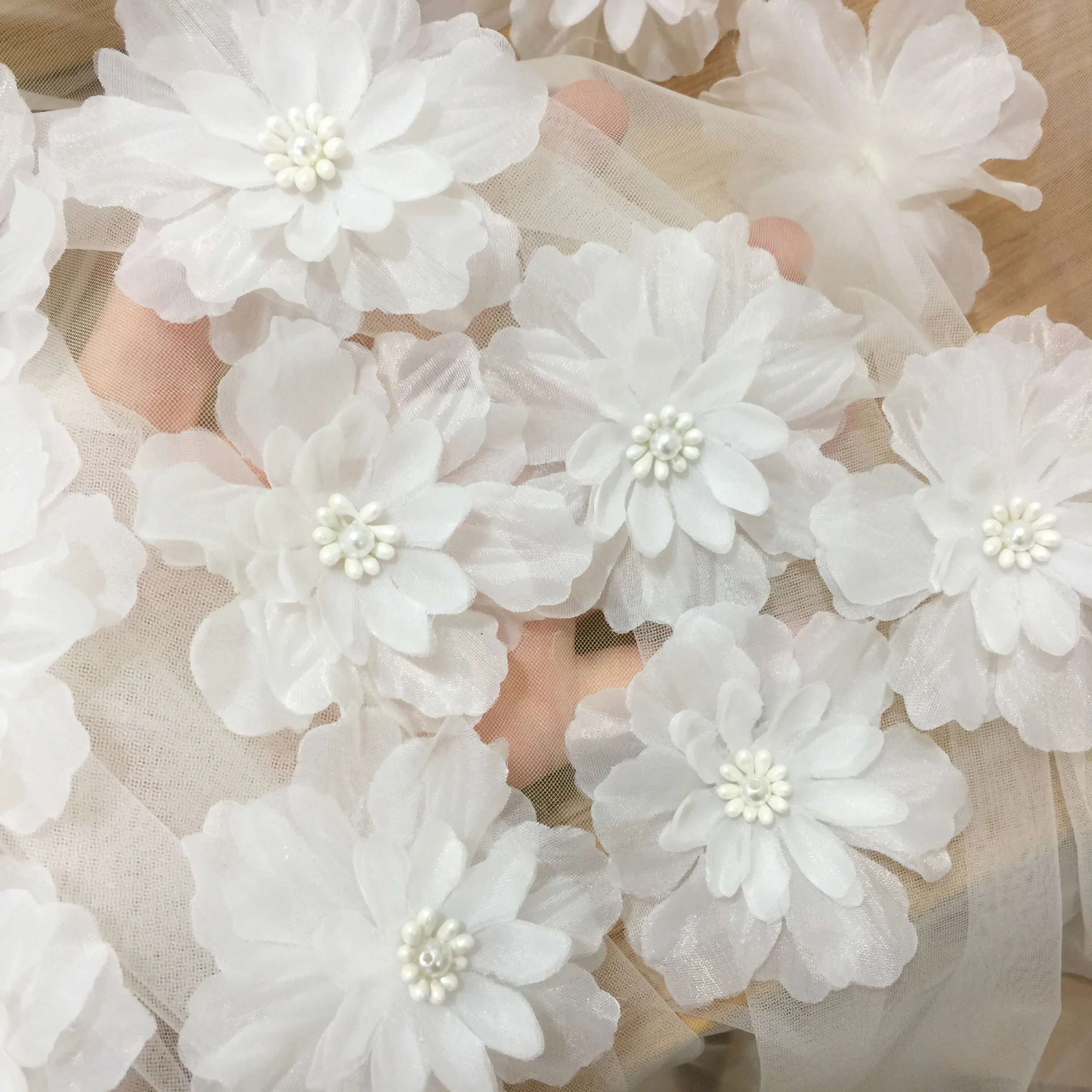 

100 pieces Off White 3D Pearl Beaded Flower Lace Applique, Blossom Patch Motif for Wedding Veil Bridal Headpiece Hair Flowers 8