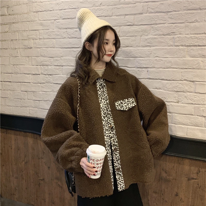 

Winter Women'S Jacket Cotton-Padded Jacket Stitching Leopard Print All-Match Lamb Wool Jacket Jacket Women Winter