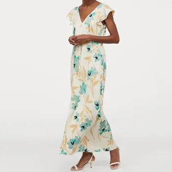 

Za Print Summer Maxi Dress Women 2020 Butterfly-sleeve V-neck Elasticized Seam At Waist Drawstring Elegant Pleated Long Dresses