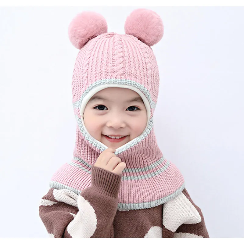 Толстые вязаные зимние шапки для детей от 2 до 5 лет, Детская Балаклава, стильная флисовая подкладка, шапочка с помпонами для девочек, розовый, желтый, серый, черный, бежевый - Цвет: Розовый