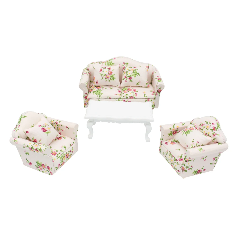 Doll's House Miniatures Living Room Furniture Set Floral Sofa Couch End Table Kits 1:12