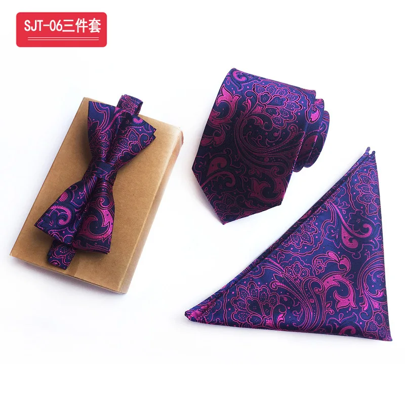 

Matagorda Male Necktie Dark Blue Background Ties&Bowtie&Hanky Set Purple Baroque Scroll Prints Wedding Gift Gravata Handkerchief