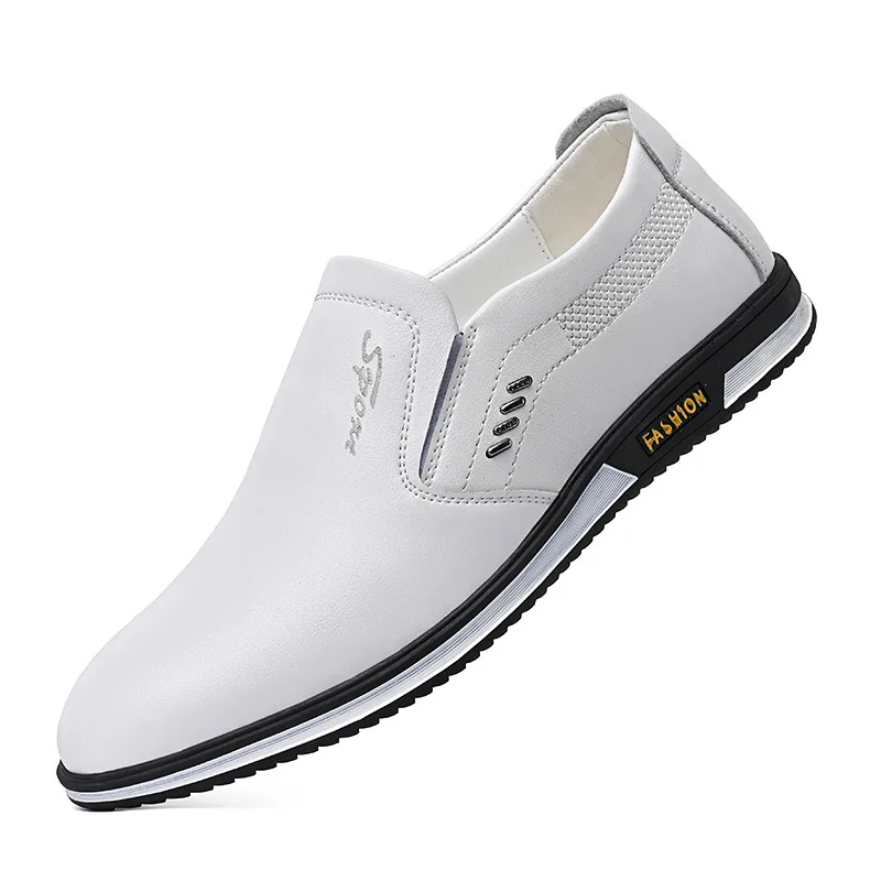 Zapatos casuales de cuero para hombre, zapatos informales de primavera e invierno, transpirables, de cuero británico, sin cordones, color blanco, 2021 - Imagen 5