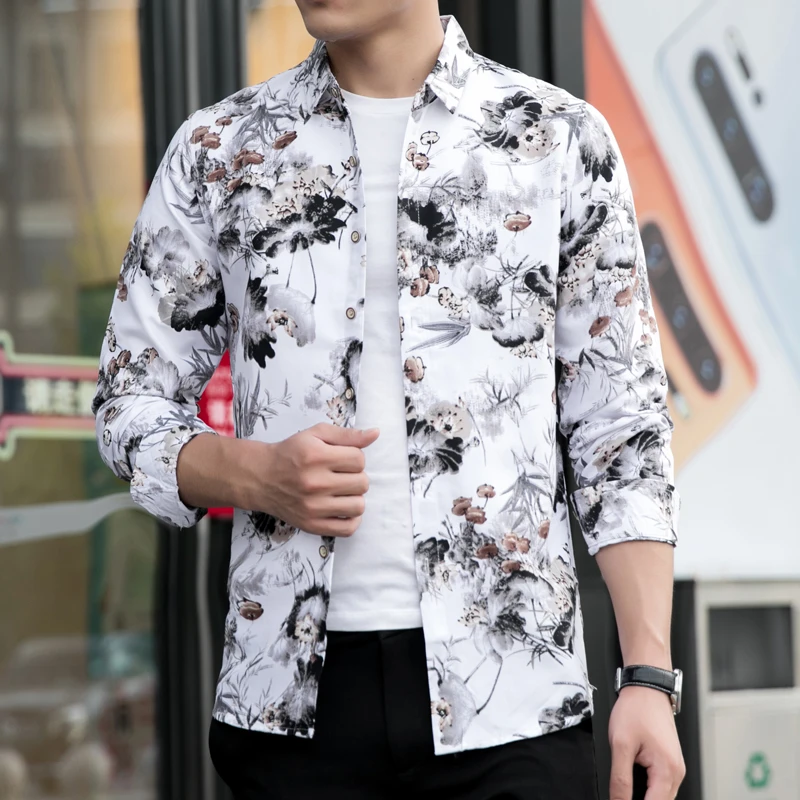 2019 Fashion Casual Men s Long Sleeve Shirt Slim Trend New Men s Personality Printed Plus 3