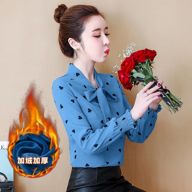 

Chiffon Shirt Female Long Sleeved 2019 Fall And Winter Clothes New Style Loose-Fit Cover Belly Tops Butterfly Festival Lace-up p