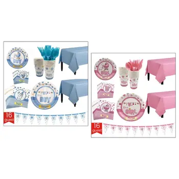 

127 Piece Baby Boy Shower Party Supplies Set ，Serves 16，Including Plates, Cups, Table Napkins, Tablecloth and Banner, Knives