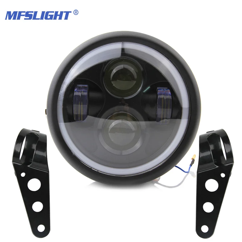Retro 6.5 LED Motorcycle Headlight Headlamp Bracket Angel Ring Hi&Lo Beam Bulb for Harley Sportster Cafe Racer Bobber