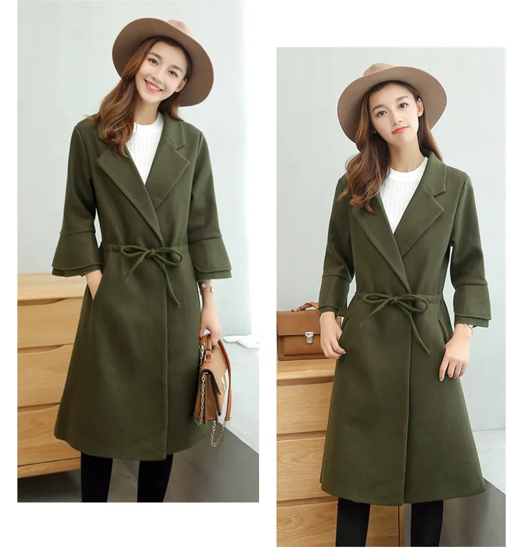 Autumn And Winter New Style Korean-style Long Sleeve Fold-down Collar Loose-Fit Flounced Sleeves Long Drawstring Duffle Coa