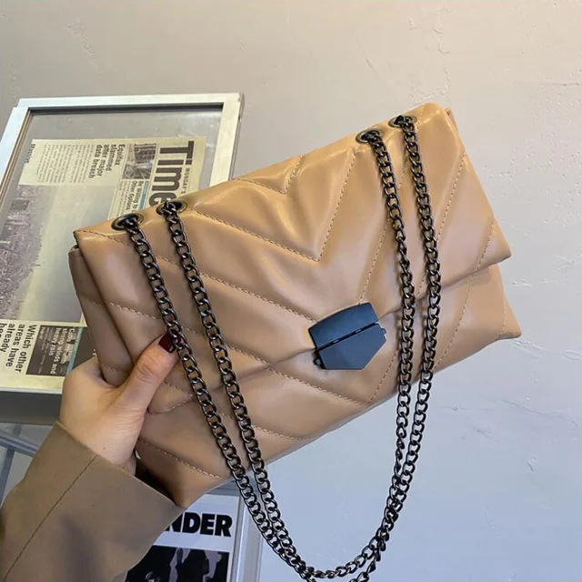 New Casual Chain Crossbody Bags For Women Fashion Simple Shoulder Bag Ladies Designer Handbags PU Leather Messenger Bags khaki