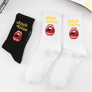 

New Fashion Women Socks Cotton 1 Pair Red lips Letter Spring Schoolgirl Casual Long Happy Casual Breathable Ladies Socks manNew