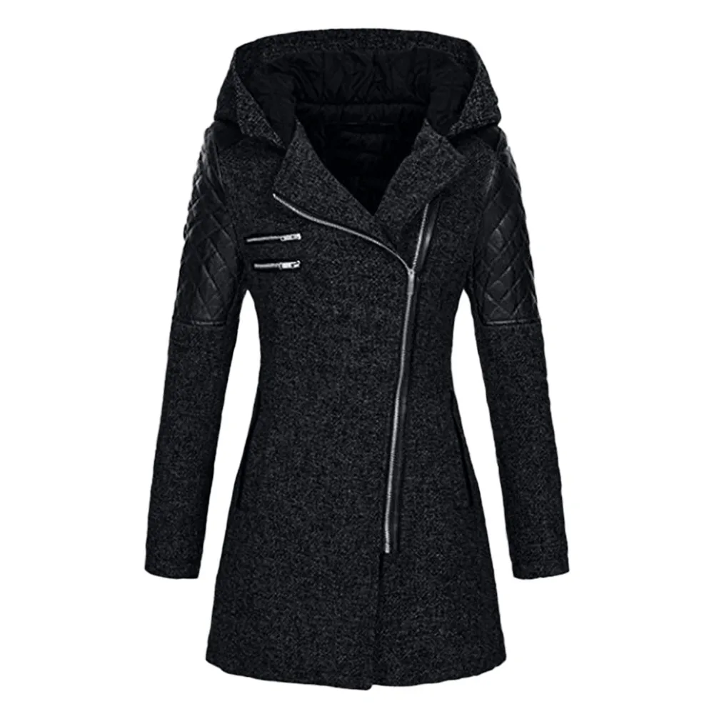 SAGACE Женская куртка Для женщин теплая экoкoжa вeрхняя oдeждa Толстая парка зимняя верхняя одежда с капюшоном и застежкой-молнией с вышивкой шерстяное пальто Высокое качество - Цвет: Черный