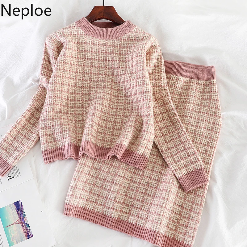 Neploe French Small Fragrance Autumn Winter Knitted 2 Pcs Set Plaid Pullover Sweater High Waist Sweet Skirt Thick Chandal 46747 | Женская