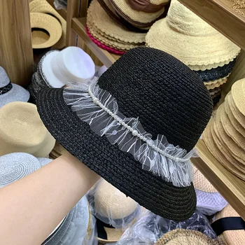

202003-YY new Summer holiday lace ribbon pearl handmade raffia grass leisure bucket cap women fishermen hat