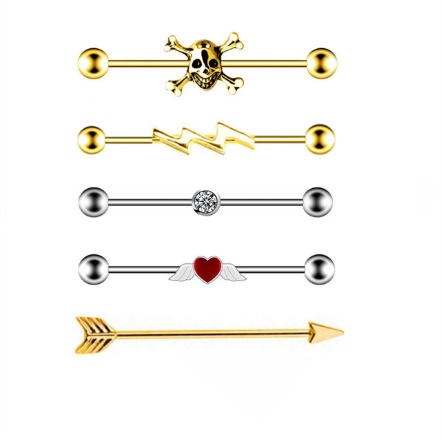Steel Skull Gold Industrial Piercing Barbell Earring 14G Cross Ear Industrial Piercing Bar Lightning Pircing Cartilage