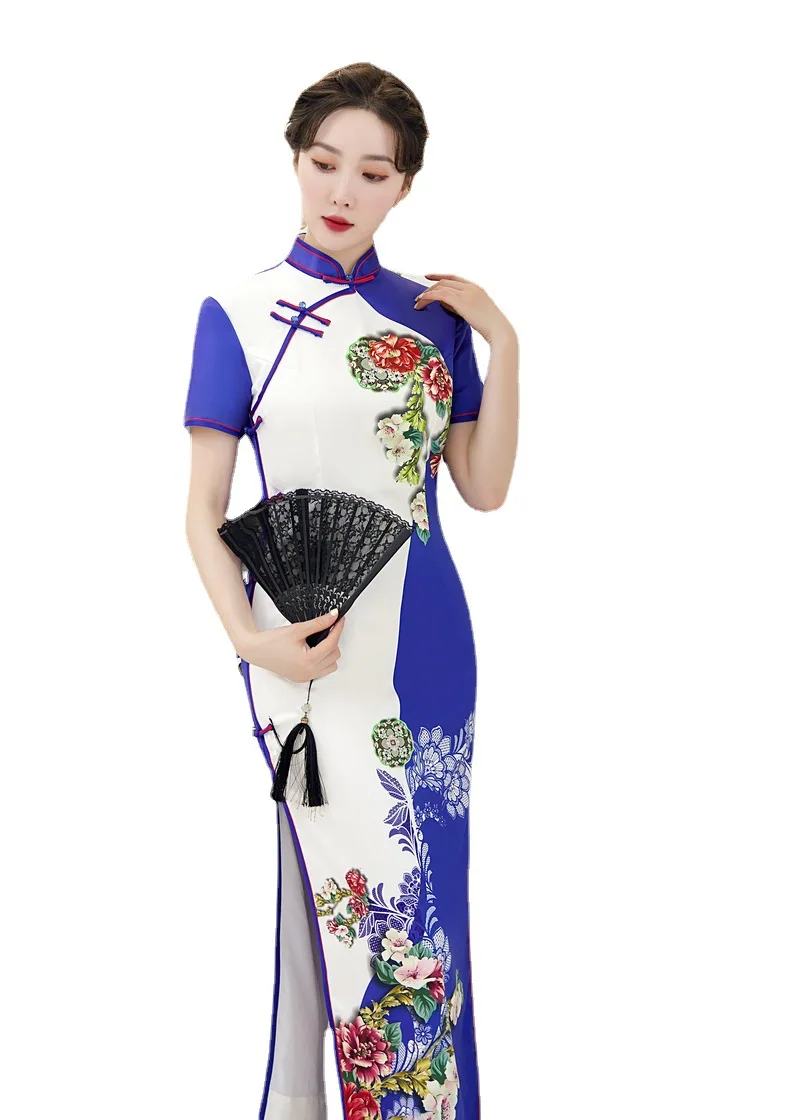 Hot Sale Traditional Chinese Women Long Dress Summer New Silk Satin Qipao Sexy Slim Printed Cheongsam Size M L XL XXL XXXL
